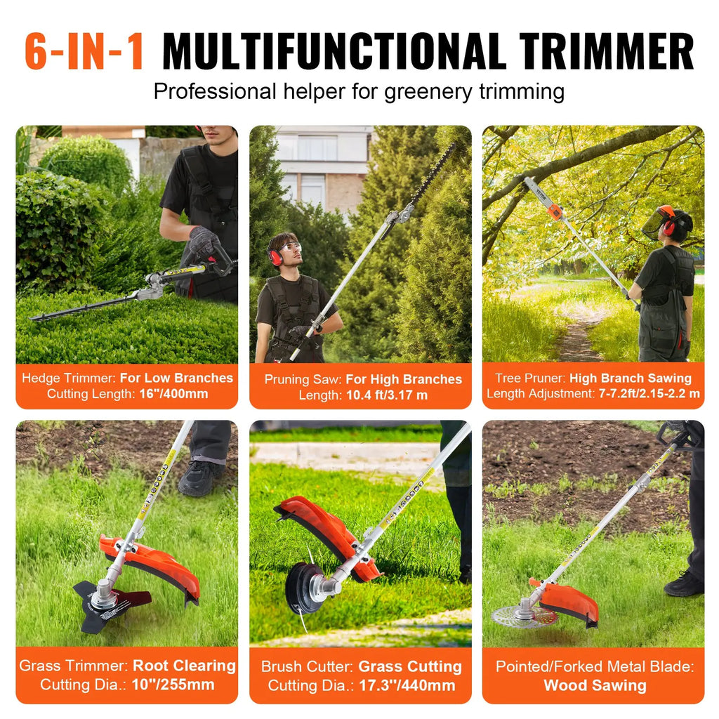 6-in-1 Gas Yard Tool: Trimmer, Brush Cutter, Hedge Trimmer & Pole Saw