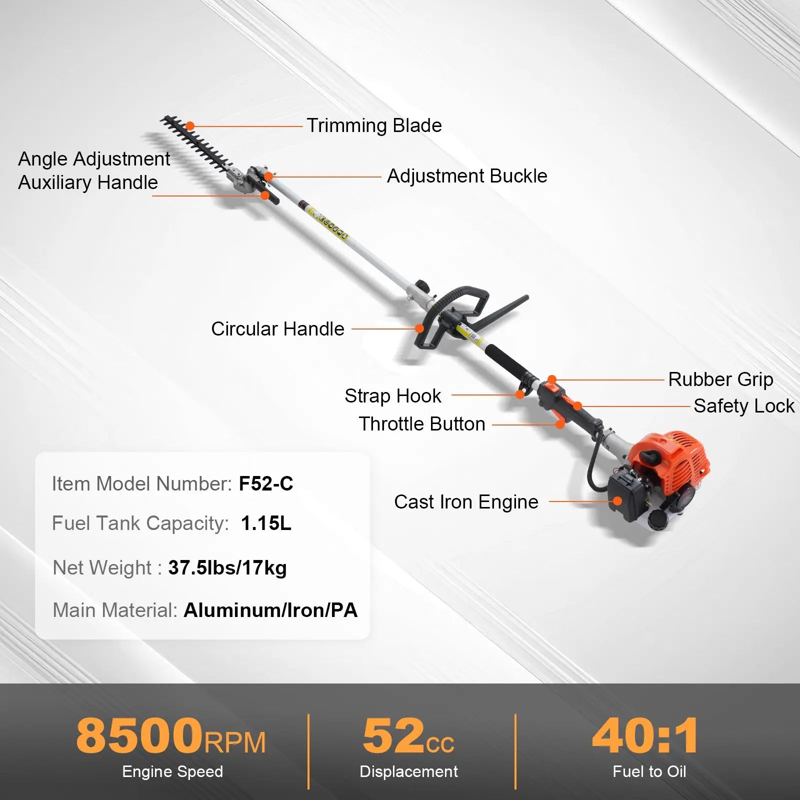 6-in-1 Gas Yard Tool: Trimmer, Brush Cutter, Hedge Trimmer & Pole Saw